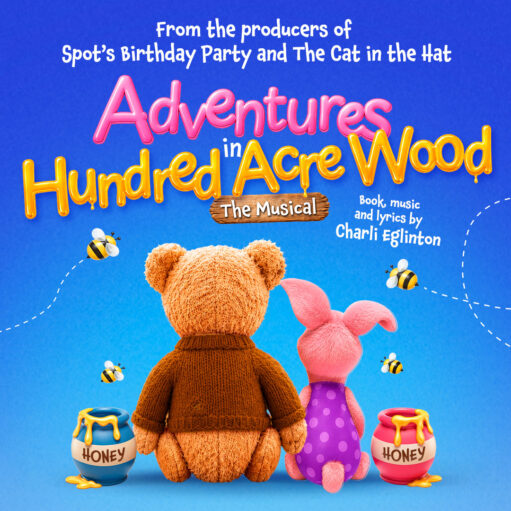 Promotional poster for Adventures in Hundred Acre Wood: The Musical, featuring teddy bear and piglet characters viewed from behind against a bright blue background, surrounded by buzzing bees and honey pots, with colourful title lettering above.