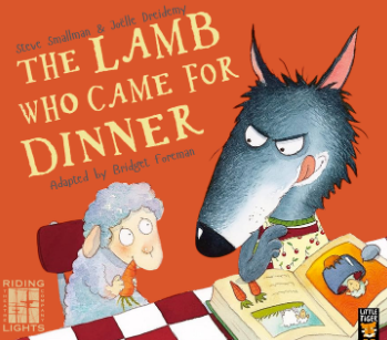 Illustrated promotional artwork for The Lamb Who Came for Dinner, showing a sheep and a wolf seated at a dining table. The wolf is looking at a cookbook while the sheep holds a carrot, set against a bright orange background with the show title in large cream-coloured lettering.