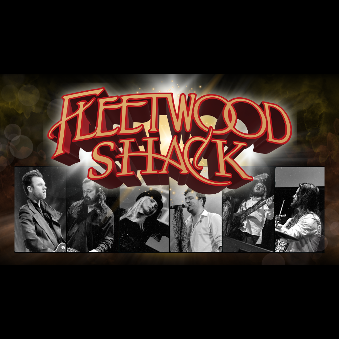 Promotional poster for Fleetwood Shack, featuring a collage of black-and-white photographs of band members performing with guitars, keyboards and microphones. The band name appears in large red lettering across the centre against a dark background with stage-light effects.