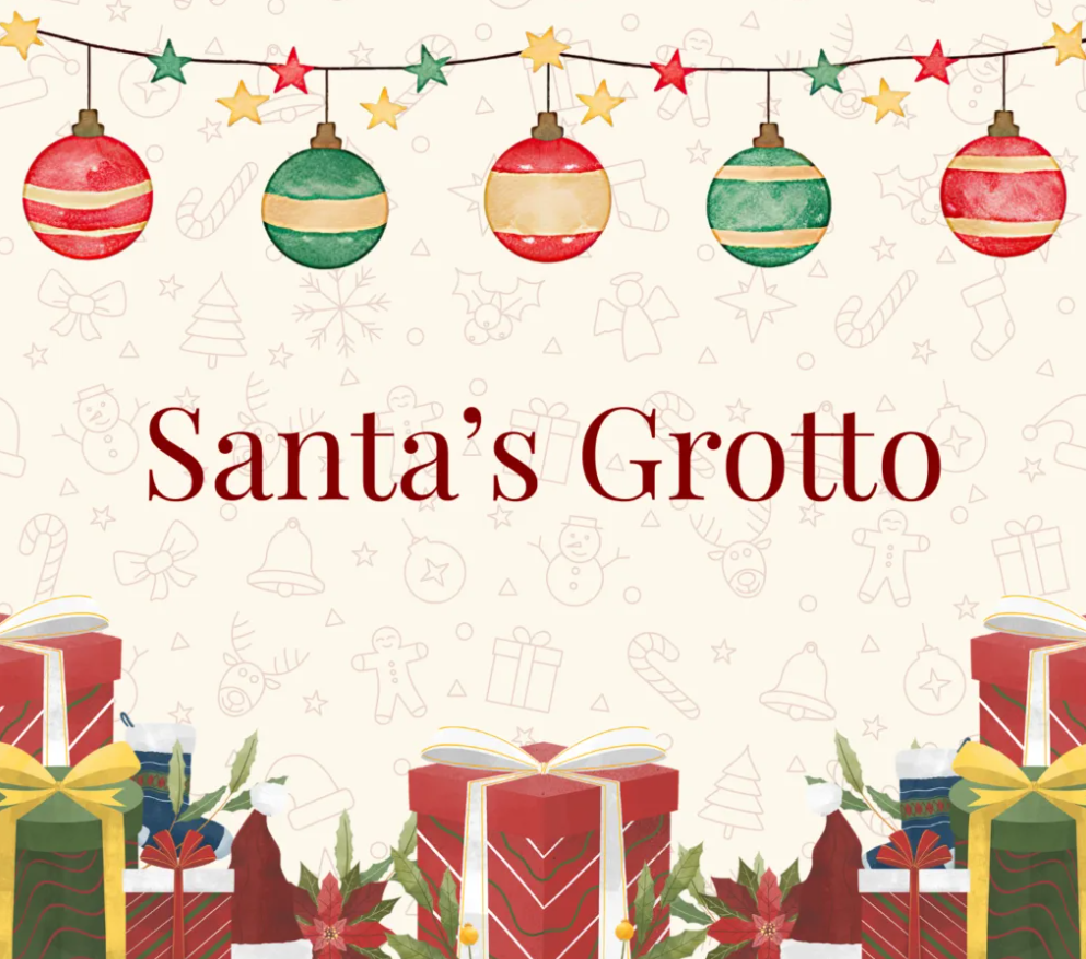 Festive promotional graphic for Santa’s Grotto, featuring hanging red and green Christmas baubles, a string of star-shaped lights, wrapped presents and seasonal foliage. The title “Santa’s Grotto” appears in large red lettering against a light background decorated with Christmas-themed illustrations.
