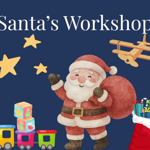 Festive promotional graphic for Santa’s Workshop, featuring a cartoon-style Santa Claus carrying a sack of presents against a dark blue background. The illustration includes colourful toy trains, stacked toy blocks, a wooden aeroplane, yellow stars and a red gift sack filled with wrapped presents beneath the title “Santa’s Workshop”.