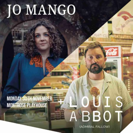 Promotional poster for a live music performance featuring portrait photographs of two musicians arranged diagonally across the image. One is pictured outdoors beneath a stone archway, while the other is shown inside a shop holding a snack. The poster includes the artists’ names and details of a performance at Montrose Playhouse on 30 November.