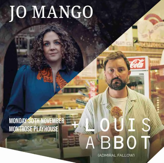Promotional poster for a live music performance featuring portrait photographs of two musicians arranged diagonally across the image. One is pictured outdoors beneath a stone archway, while the other is shown inside a shop holding a snack. The poster includes the artists’ names and details of a performance at Montrose Playhouse on 30 November.