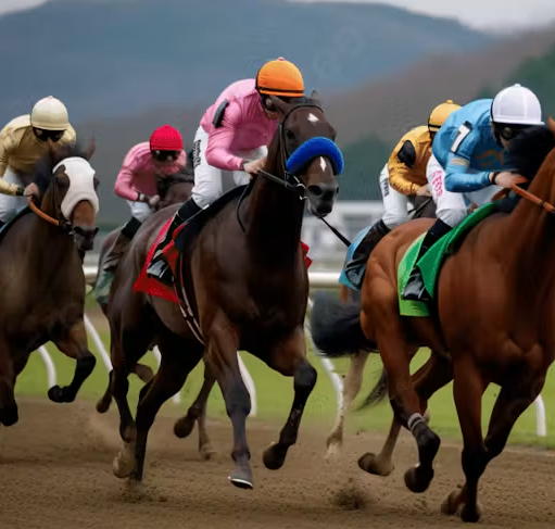 Thoroughbred racehorses and jockeys in brightly coloured silks competing on a racetrack, galloping closely together around a bend. The image captures the action of a horse race with blurred background scenery and flying dirt from the track.