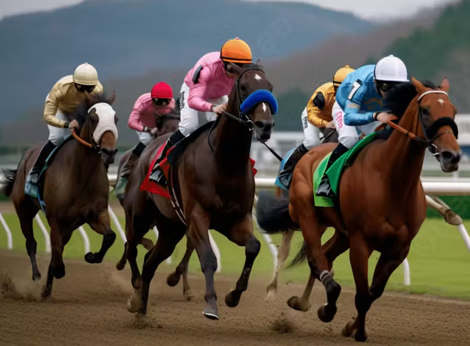 Thoroughbred racehorses and jockeys in brightly coloured silks competing on a racetrack, galloping closely together around a bend. The image captures the action of a horse race with blurred background scenery and flying dirt from the track.