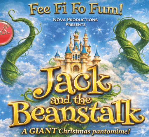 Promotional poster for Jack and the Beanstalk, featuring a fairytale castle floating among clouds with giant green beanstalks curling around the image. The show title appears in large gold lettering, with text describing it as a giant Christmas pantomime.