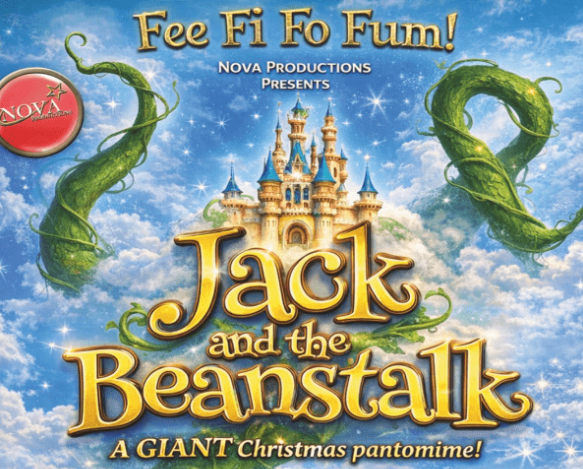 Promotional poster for Jack and the Beanstalk, featuring a fairytale castle floating among clouds with giant green beanstalks curling around the image. The show title appears in large gold lettering, with text describing it as a giant Christmas pantomime.
