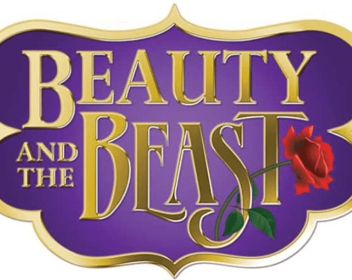 Promotional logo for Beauty and the Beast, featuring gold lettering on a purple ornamental plaque, with a red rose incorporated into the design against a plain background.