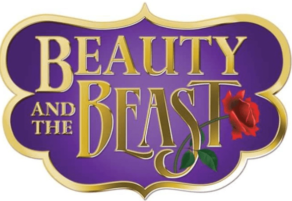 Promotional logo for Beauty and the Beast, featuring gold lettering on a purple ornamental plaque, with a red rose incorporated into the design against a plain background.