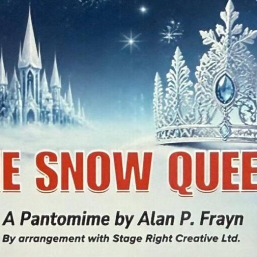 Promotional poster for The Snow Queen, featuring a winter-themed design with an icy crown, snowflakes and a frosted castle in the background. The title appears in bold red lettering against a snowy blue backdrop, identifying the production as a pantomime.