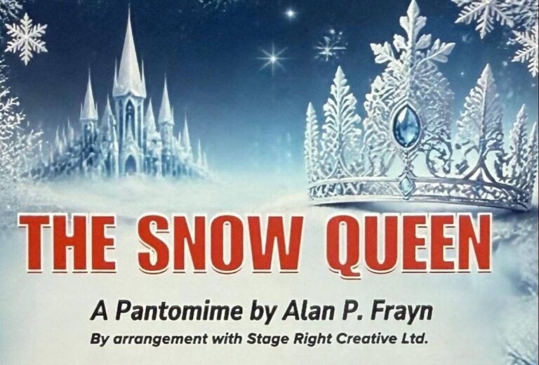 Promotional poster for The Snow Queen, featuring a winter-themed design with an icy crown, snowflakes and a frosted castle in the background. The title appears in bold red lettering against a snowy blue backdrop, identifying the production as a pantomime.