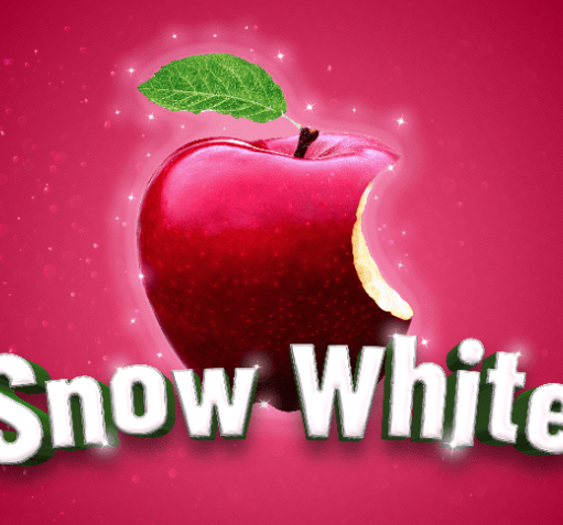Promotional graphic for Snow White, featuring a bright red apple with a single bite taken from it against a pink sparkling background. The show title appears in large white lettering beneath the apple.