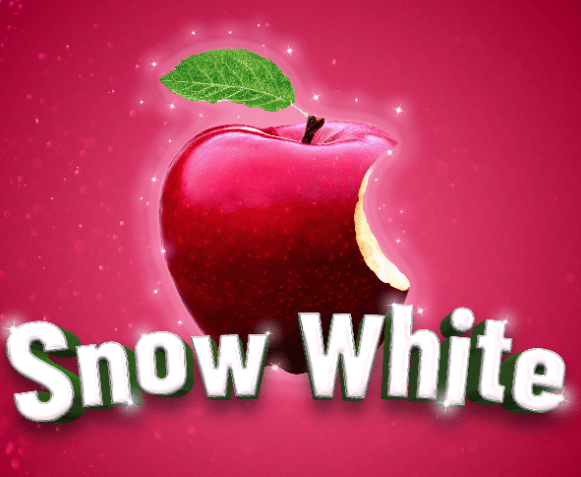 Promotional graphic for Snow White, featuring a bright red apple with a single bite taken from it against a pink sparkling background. The show title appears in large white lettering beneath the apple.