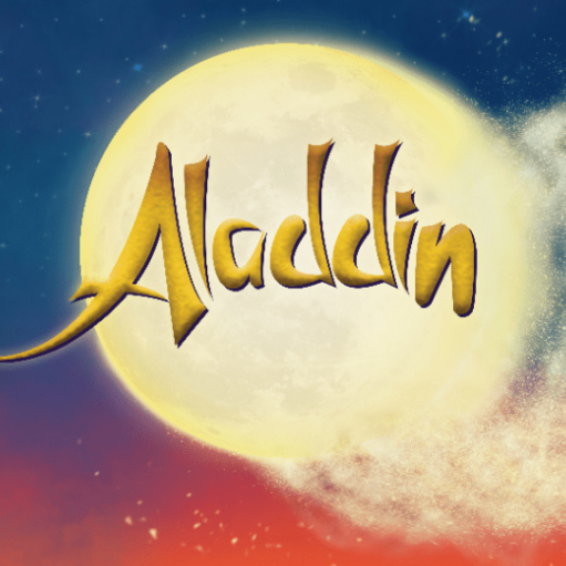 Promotional graphic for Aladdin, featuring the show title in gold lettering set against a large glowing full moon. The background fades from deep blue to warm orange and is accented with sparkling magical dust, creating a fairytale-inspired atmosphere.
