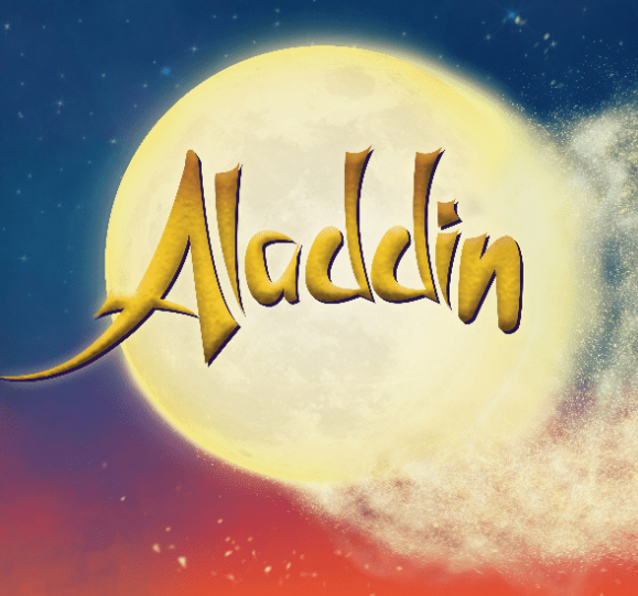 Promotional graphic for Aladdin, featuring the show title in gold lettering set against a large glowing full moon. The background fades from deep blue to warm orange and is accented with sparkling magical dust, creating a fairytale-inspired atmosphere.