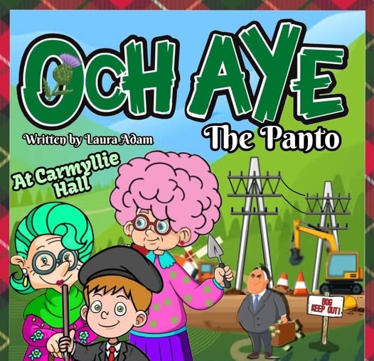 Promotional poster for Och Aye – The Panto, featuring cartoon-style characters including an older person, a child and another figure in front of electricity pylons, roadworks and construction equipment. The colourful illustration has a Scottish theme with tartan borders and bright green backgrounds, with the show title displayed prominently at the top.