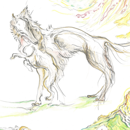 Detailed hand-drawn illustration of a wolf-like fantasy creature with a slender body, flowing tail and textured fur, standing on a grassy surface. The sketch is surrounded by swirling lines and fiery, tree-like forms in soft yellow, orange and green tones, creating a magical and imaginative scene.