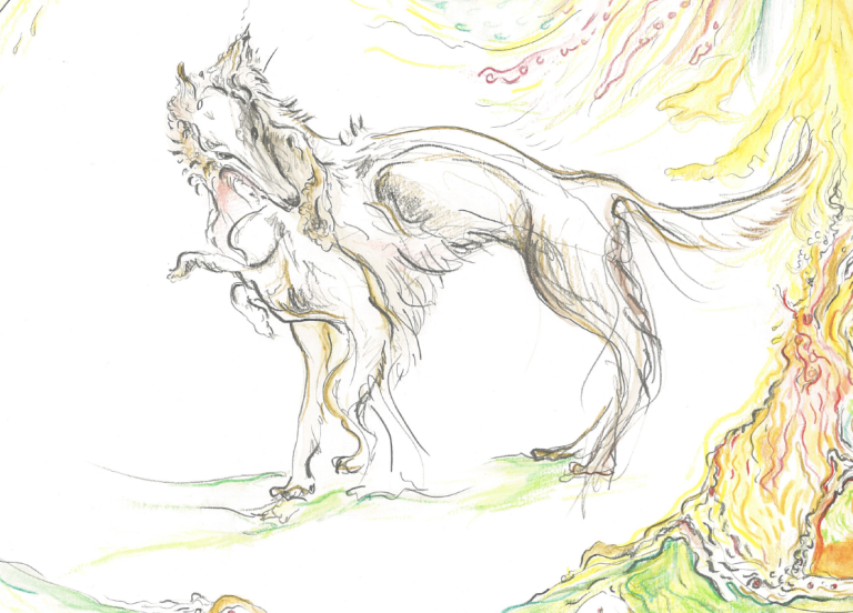Detailed hand-drawn illustration of a wolf-like fantasy creature with a slender body, flowing tail and textured fur, standing on a grassy surface. The sketch is surrounded by swirling lines and fiery, tree-like forms in soft yellow, orange and green tones, creating a magical and imaginative scene.